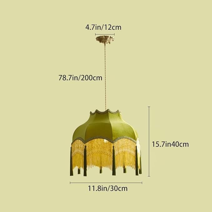 Miniatura 7 de Lámpara colgante de tela verde vintage francesa, lámpara de araña con borla con alambre ajustable para colgar, lámparas colgantes de techo boho de