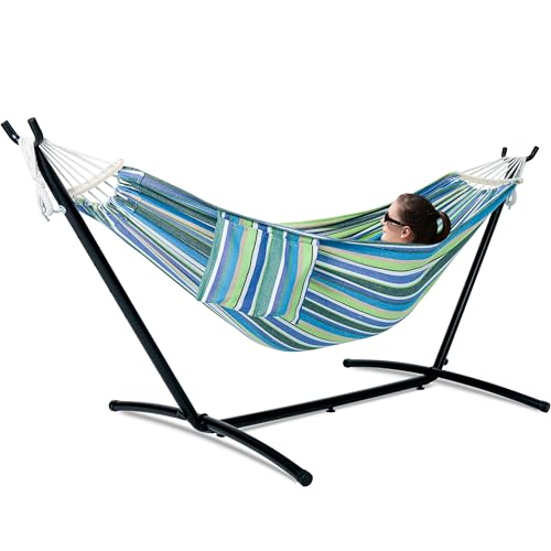 Image of GAFETE Double Hammocks with Stand for Outside, Max 600lbs, (Garden) | Upgraded Spreader Bar, 9FT Heavy Duty & Space Saving Stand, Easy Assemble, Convenient Side Pocket, Indoor & Outdoor, Patio
