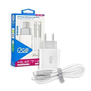 Kit Carregador de Parede Ultra Rápido com 1 Saída USB-C Power Delivery 20W + Cabo iPhone/Lightning + USB-C i2GO Certificado MFi 1,5m 3A Branco