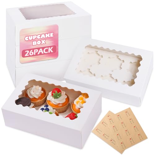 pupuluck 26 Pcs Cupcake Boxes 6 Hole Cupcake Box with Window Dessert Boxes(24x16x7.5cm) Thick Paper No Folding Required Cup Cake Box for Donuts Chocolate Cake Dessert