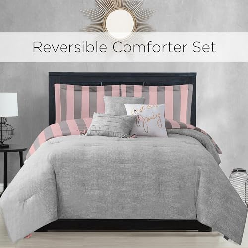 Image of Juicy Couture Cabana Stripe Reversible Bedding Set - Queen /Full Size - Pink and Grey Stripe Print - 6 Piece Set - Includes 1 90 x 90 Comforter, 3 Decorative Pillows, 2 Shams