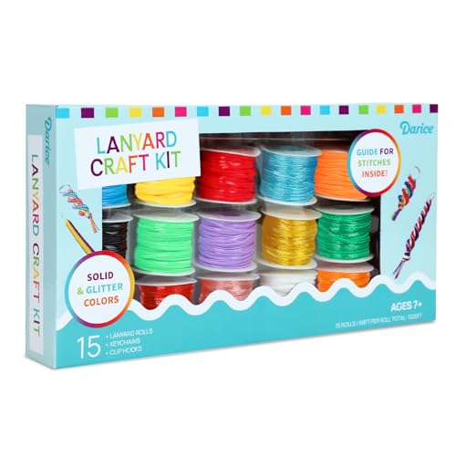 Darice Lanyard Kit - 15 Pack Plastic Gimp String With Assorted Colors - Glitter and Solid Boondoggle for Weaving - Lacing Cord for Bracelets DIY Keychains Crafts
