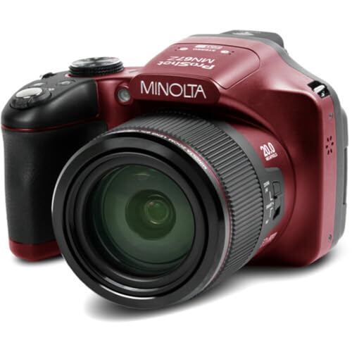 Minolta Pro Shot 20MP Digital Camera – 67x Optical Zoom, Full 1080p HD Video, Optical Image Stabilization, Wi-Fi, 3-inch Articulating LCD Screen, 27 Scene Modes – Includes 16GB SD Card (Red)
