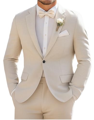 VENNYNG Men's Wedding Linen Suits Classic Fit Summer Solid Colored Tailored Fit 2 Piece Single Breasted One-Button