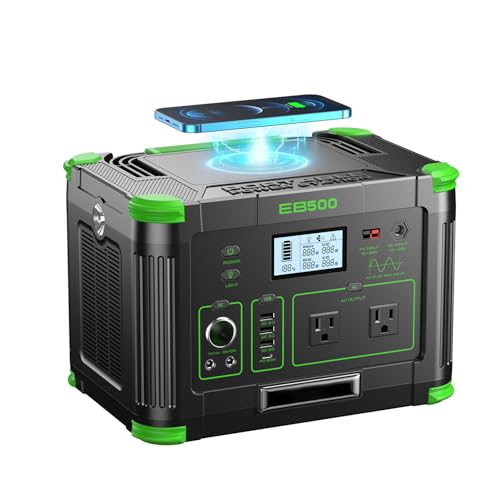 500W Portable Power Station (1000W Peak), 2x 110V AC Outlets & 60W USB-C PD, 10-Output Portable Power Bank with Wireless Charger for Camping, RV Travel, and Home Emergency Power Backup Off-Grid Living