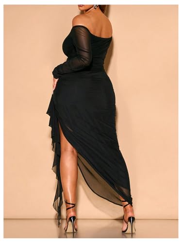 Floerns Women's Plus Size Off Shoulder Dress Mesh Long Sleeve Ruffle Trim Bodycon Maxi Dresses3