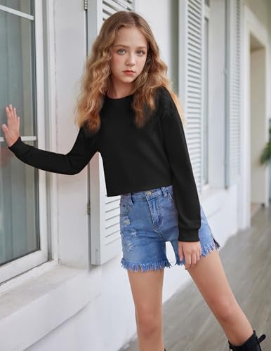 Image of Arshiner Girls Crop Tops Kids Long Sleeve Pullover Sweatshirts Girls Cropped Crewneck Sweatshirt for Teen Girl