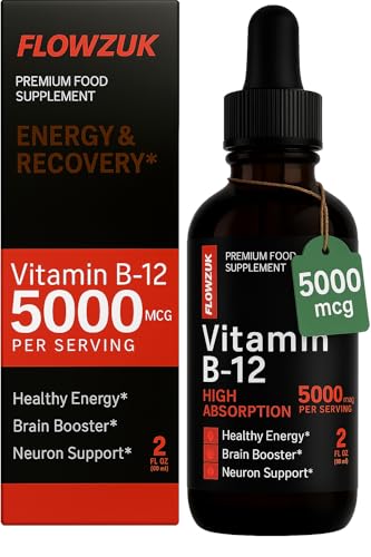 Flowzuk Vitamin B12 Liquid Drops 5000mcg High Strength Methylcobalamin Fast Absorbing Vegan B12 Supplement 60ml Dropper Bottle Gluten Free Energy & Wellness Support