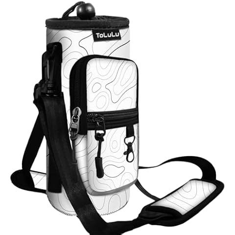 ToLuLu Water Bottle Carrier Bag 25/32/40oz with Pocket,Insulated Neoprene Adjustable Shoulder Strap Water Bottle Pouch Case, Crossbody Water Bottle Holder Sling Sleeve for Women Men, 32OZ White Line Cover