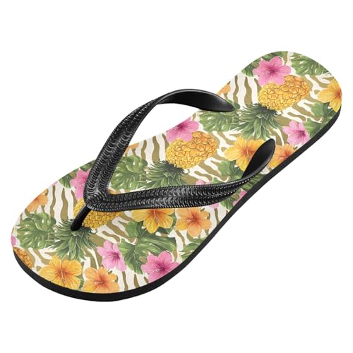 ALAZA Pineapple Tropical Flower Flip Flops for Women Fashion Beach Slippers Comfort Mens Flip Flops Non-Slip Rubber Shower Slippers Sandal for Hotel Travel Sport,XS2