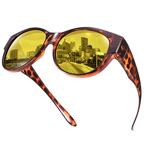 Br'Guras Night Driving Glasses Fit Over Prescription Glasses Anti Glare Oversized Cat Eye Night Vision Glasses for Men Women