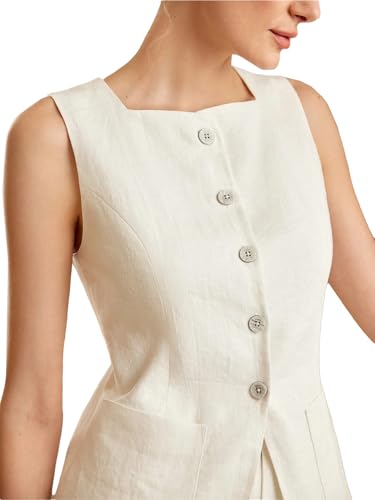 Mina Self 2025 Womens Summer Long Linen Vest Sleeveless Lightweight Fully-Lined Single Breasted Casual Work Tops Pockets4