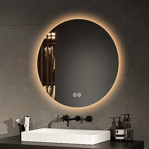 EMKE Espejo de baño Redondo de 60 cm de diámetro, con Interruptor táctil, Espejo de baño LED retroiluminado, 3 Colores de luz Variable