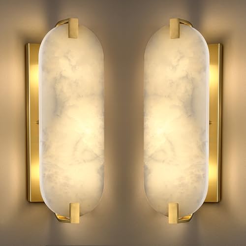 Image of 15.7 inch Natural Oval Alabaster Marble Modern Concise 2 Pack 2 Light Wall Sconce Fixture,Gold Finish for Bathroom Bedroom Hallway Bedside Staircase Vanity Mirror