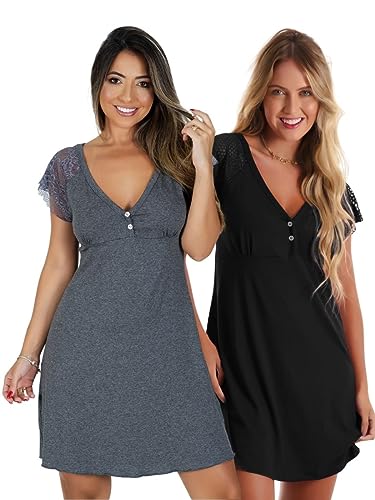 Kit com 2 Camisolas em Viscose com Detalhes Renda Estilo Camiseta...