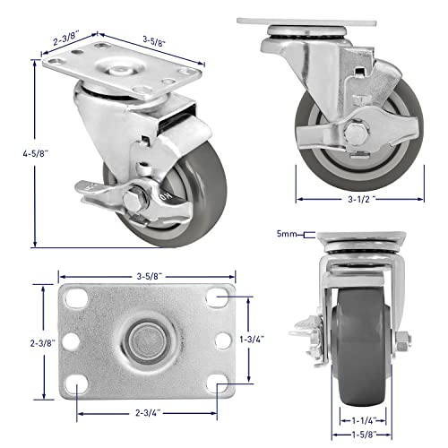 Ninoso 3.5" Casters Set Of 4, Polyurethane Heavy Duty Caster Wheels Swivel Casters With Brake Total Capacity 1000Lbs For Cart Furniture Workbench (2 W/Brakes & 2 Rigid) #TOP1