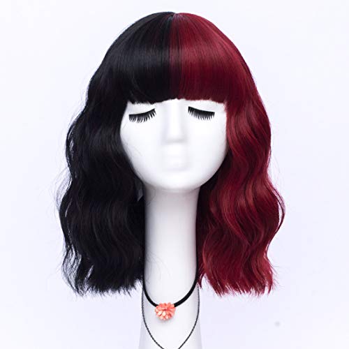 LABEAUTÉ Short Two Tone Wavy Wig, Synthetic Bob Curly Rainbow Wigs for Lolita, Halloween - Natural Look, 14inch, Black Mix Red