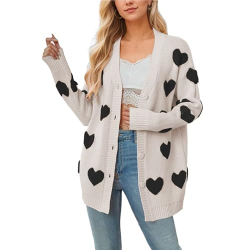 Image of Women Love Heart Graphic Oversized Sweaters Valentine Cute Cardigan Open Front Button Kawaii Preppy Aesthetic Clothes