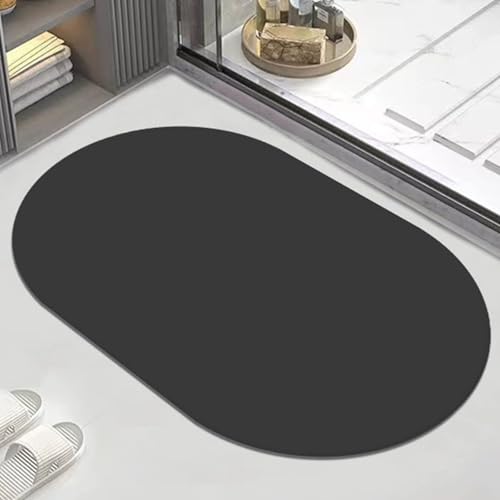 Chickwin Absorbent Oval Bath Mat Non Slip, Solid Color Diatomite Bath Mats Quick Dry Anti Slip Bathroom/Shower Floor Rug Washable Easy to Clean for Kitchen Bedroom (Black,40x60cm)