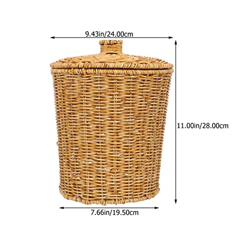 Image of Milisten Braided Storage Barrel with Lid 2 Gallon Round Woven Basket for Bathroom Kitchen Office Living Room Natural Fiber Rattan Wastebasket Organizer 9.75 Inch