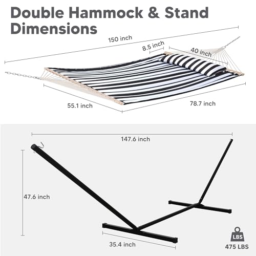 Image of SUNCREAT Two Person Hammock with 12ft Stand Included, Max 475lbs Capacity, Heavy Duty Free Standing Hammock, Black Stripes