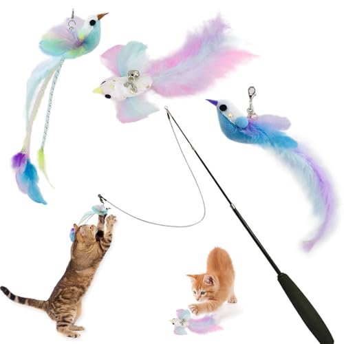MSLSOZ Ensemble de jouets pour chat avec 3 cannes à pêche remplaçables de différentes formes, jouet en plumes pour chat équipé d'une cloche, et une canne...