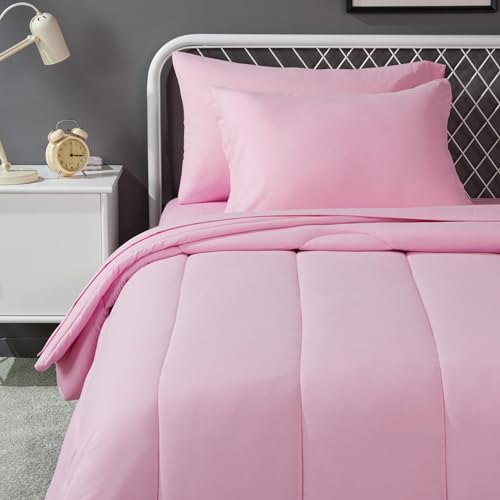 Amazon Basics 5 Piece Soft Microfiber Kid’s Bed-in-a-Bag Bedding Set, Twin, Pink, Solid