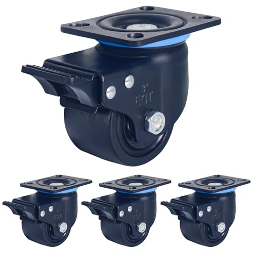 TESUMI 3 inch Low Gravity Center Caster Wheel, Swivel Plate Heavy Duty Industrial Caster with Brake Nylon Wheel Set of 4 Load Capacity 4400lbs Low Profile Caster for Cart, Toolbox Workbenc-Black