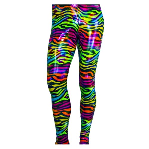 Largemouth Men's 80's Heavy Metal Pants Zebra Rainbow Shiny Neon Foil Blue