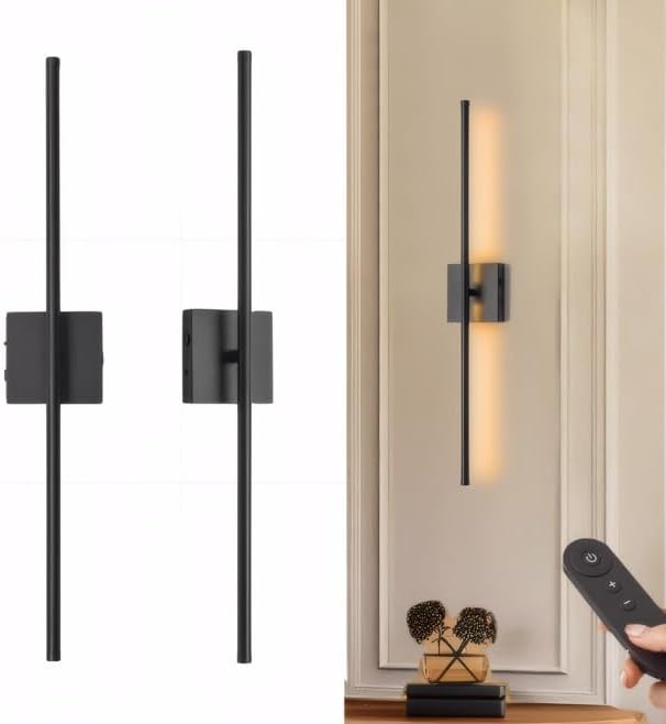 Battery Operated Wall Sconces Set of Two,Bathroom Light Fixtures with Remote Control,Black Bathroom Vanity Lights,Wireless Wall Lamps for Bedroom,Living Room,28.3-Inch (1610:Black, 28.3-Inch)