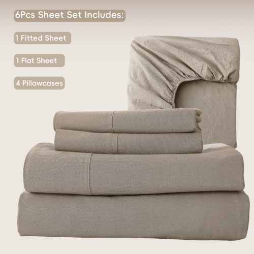 Image of MooMee Sheet Set 100% Washed Cotton Linen-Like Extra Deep Pocket King