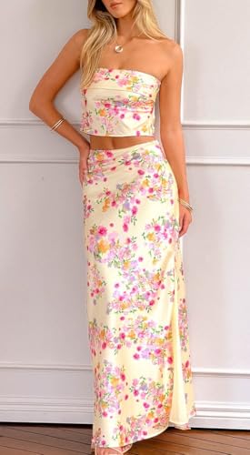 Seyumixi Women Floral Maxi Skirt Set Strapless Backless Tube Top Satin Long Skirt Y2k Two Piece Sets Going Out Outfits3
