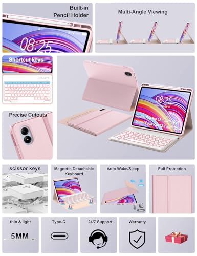 Image of Keyboard Case for Redmi Pad Pro / Xiaomi Poco Pad 12.1 Inch Case with Backlit Keypad, Detachable Wireless Key Board Cover with Pen Holder for Xiaomi Redmi Pro 12.1 inch 2024, 7-Color Backlight, Pink