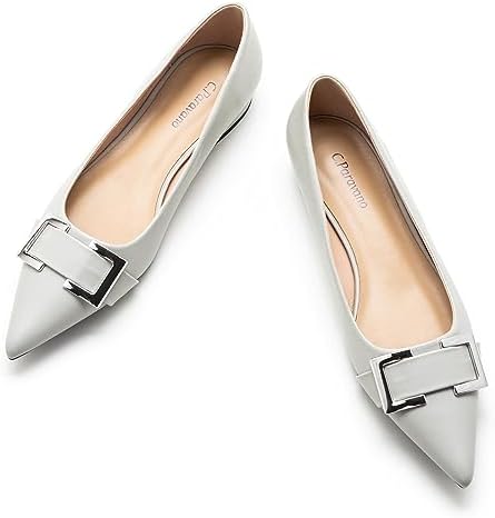 C.Paravano Women's Pointed Toe Flats | Soft Leather Ballet Shoes with Square Buckle | Comfortable Slip On Work Shoes | Dressy Flats for Office, Travel & Daily Wear(Size 9.5,Grey)