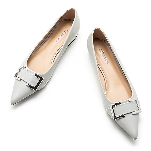 C.Paravano Women's Pointed Toe Flats | Soft Leather Ballet Shoes with Square Buckle | Comfortable Slip On Work Shoes | Dressy Flats for Office, Travel & Daily Wear(Size 9.5,Grey)