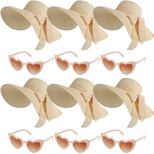 Jeyiour 12 Pcs Women Floppy Summer Hat Wide Brim with Heart Shape Glasses Big Bowknot Straw Hat Sun Hats Heart Sunglasses