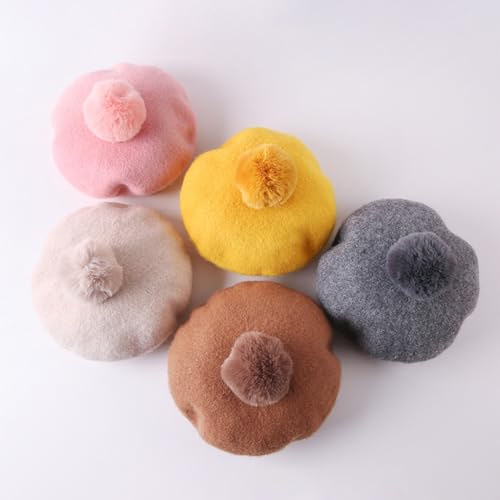 Child Size Berets Hat with Big Pompom, Classic French Artist Hat for Children, Kids, Solid Color3