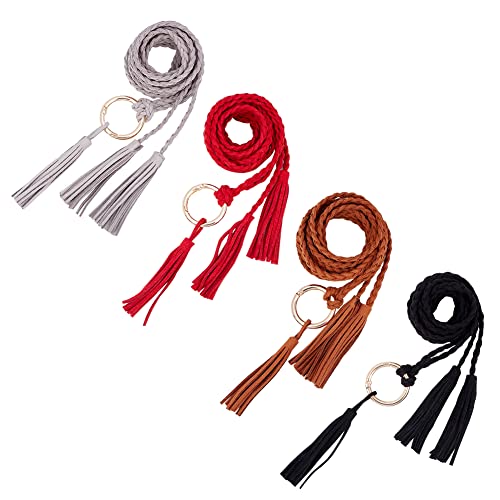 GORGECRAFT 4Pcs Leather Braided Chain Belts Tassel Thin Braided Strap Fashion Women's Belts with Ring Knotted Buckle Red Grey Black Brown Double Tassel Waist Rope Belt for Skirt Dresses Pants
