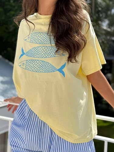 Image of Vintage Oversized Flower Graphic Tees Cute Surfboard Palm Baggy T-Shirts Summer Preppy Beach Tops Teen Girls Clothes
