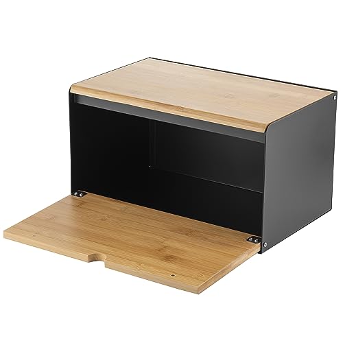 FLORINA Panera BRUSTO 35,5 x 21,5 x 19,5 cm I Caja de Acero con Tapa de Bambú I Panera Espaciosa y Moderna I Conservación de Pan Más Fresco I Contenedor de Pan para Cocina I Color: Negro