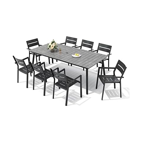 JOINHOM 9 Piece Patio Dining Table & Chair Set - Outdoor All Aluminum Patio Furniture Sets with Waterproof, Rust-Proof, Patio Rectangle Table with Umbrella Hole for Deck, Garden, Backyard, All Weather Cover
