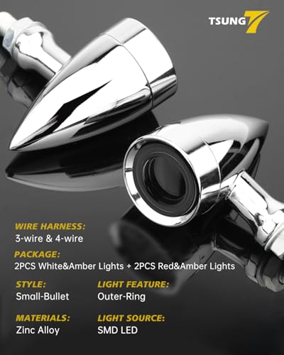 Image of TSUNG Universal Motorcycle LED Turn Signals Lights Small Bullet Front Rear Blinkers Tail Lights for Cruiser Chopper Bobber Cafe Racer Street Bike (RING-Chrome, 4PCS Front+Rear)