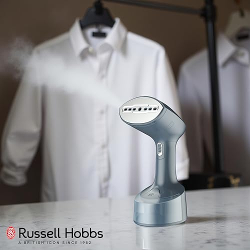 Image of Russell Hobbs 1500W Foldable Handheld Garment Steamer | Quick Heat-Up in 25s, 24g Constant Steam Output with Lock Button | Brush Attachment & 99.9% Bacteria Removal | RGS1500HANDYF (Grey)