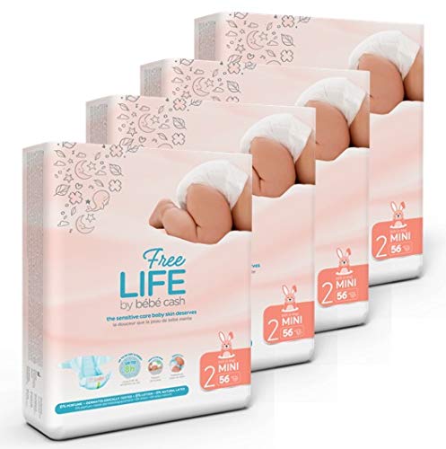 Freelife Bébé Cash - Couches Bébé (3-6kg), 224 pièces, Taille S, 2 x 112, Jetables, Waterproof, Blanc, Coton, Protection pour nourrisson jour et nuit