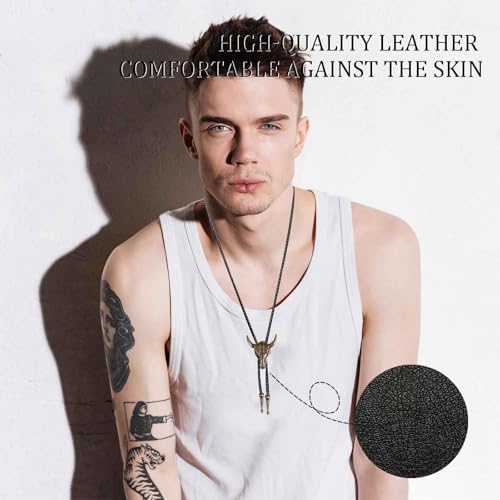 JOOTUEPOCorbata de cuero con cráneo de vaca, paquete de 2 corbatas bolo, disfraz de vaquero para hombre, en cuero vintage/hecho a mano, para accesorios de disfraz de Halloween/camisa de vaquero - imagen 4