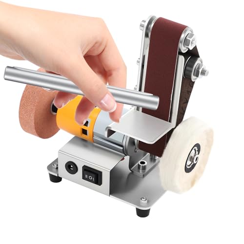 Lijadora de banda, 240 V, lijadora de 7 niveles, lijadora de banda con 20 bandas de lijado, mini lijadora doble para trabajos de madera DIY, trabajos de metal, fabricación de cuchillos