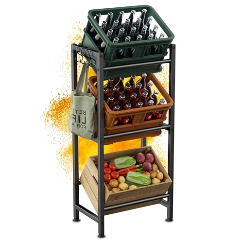 HFHOME Kompaktes Getränkeregal für 3 Getränkekisten, Metall Getränkekistenregal mit 4 Haken für...