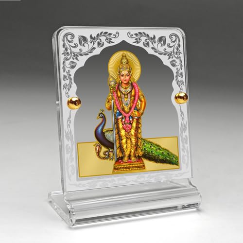 Image of Eknoor 24ct Gold Plated Murugan Ji Acrylic Crown Dashboard Frame | 24ct gold-plated Kartikeya Ji foil on arch crown acrylic frame with peacock and silver engraving