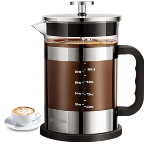 Image of QUQIYSO French Press Coffee Maker 51oz, Large French Press, Thickened Glass | Borosilicate Glass Plastic Free Coffee Maker, Easy to Clean,4 Filter, Coffee Press Suitable for Kitchen Party Camping(Silver)