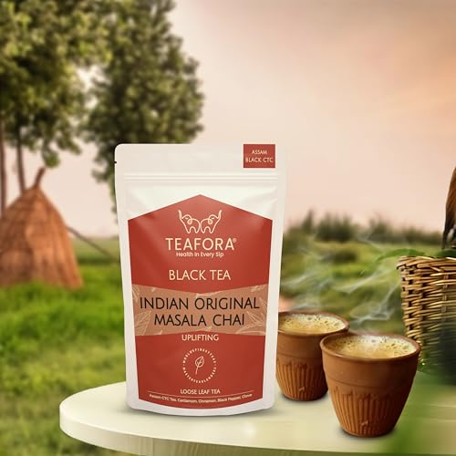Image of TEAFORA Indian Original Masala Chai Tea | Assam CTC Loose Black Tea | Blended with Cinnamon, Cardamom, Black Pepper & Cloves | 100% NATURAL INGREDIENTS - 100g